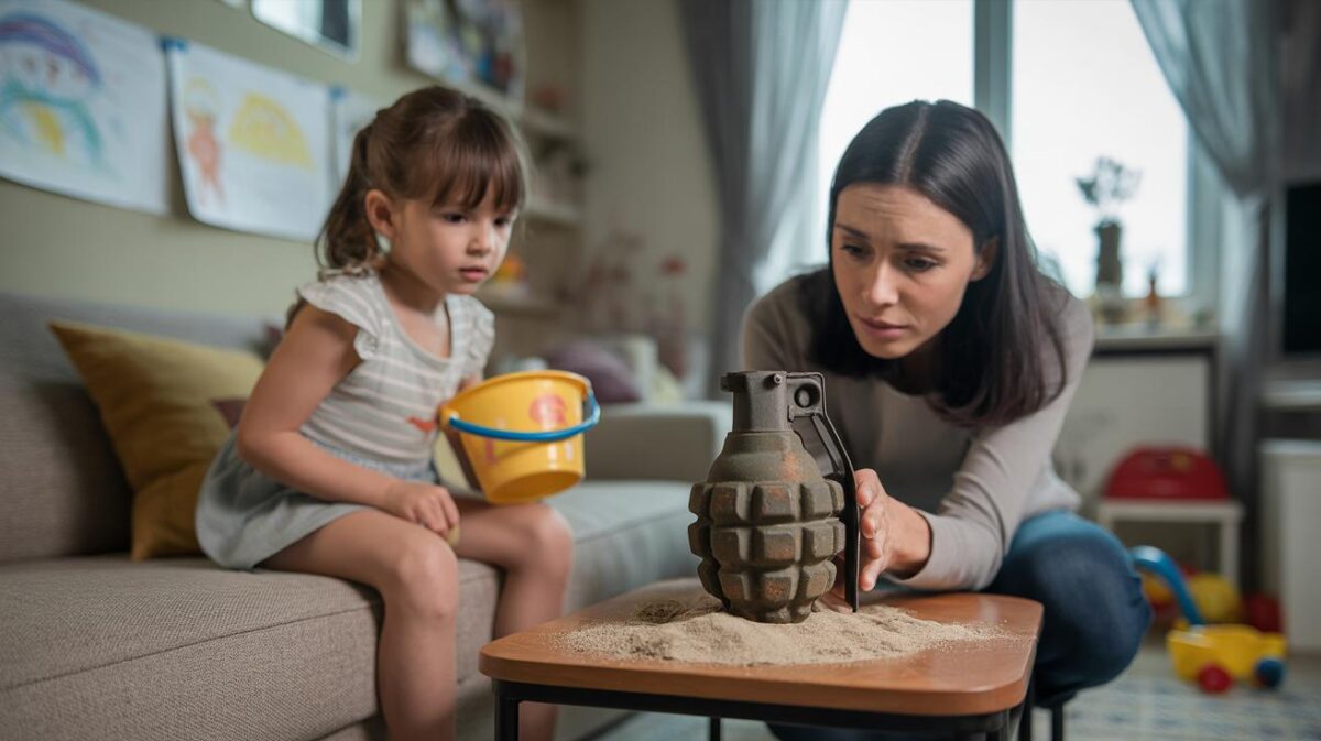 Het meisje denkt een steen als souvenir van het strand mee naar huis te nemen: een jaar later realiseert haar moeder zich dat het een granaat is